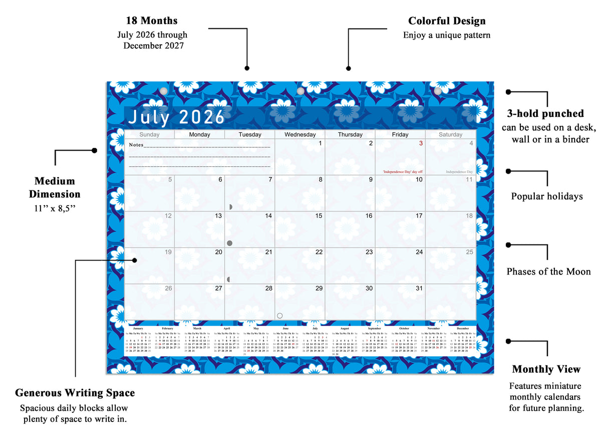 2026 - 2027 Student Calendar/Planner for 3-Ring Binder, Desk, or Wall - v017