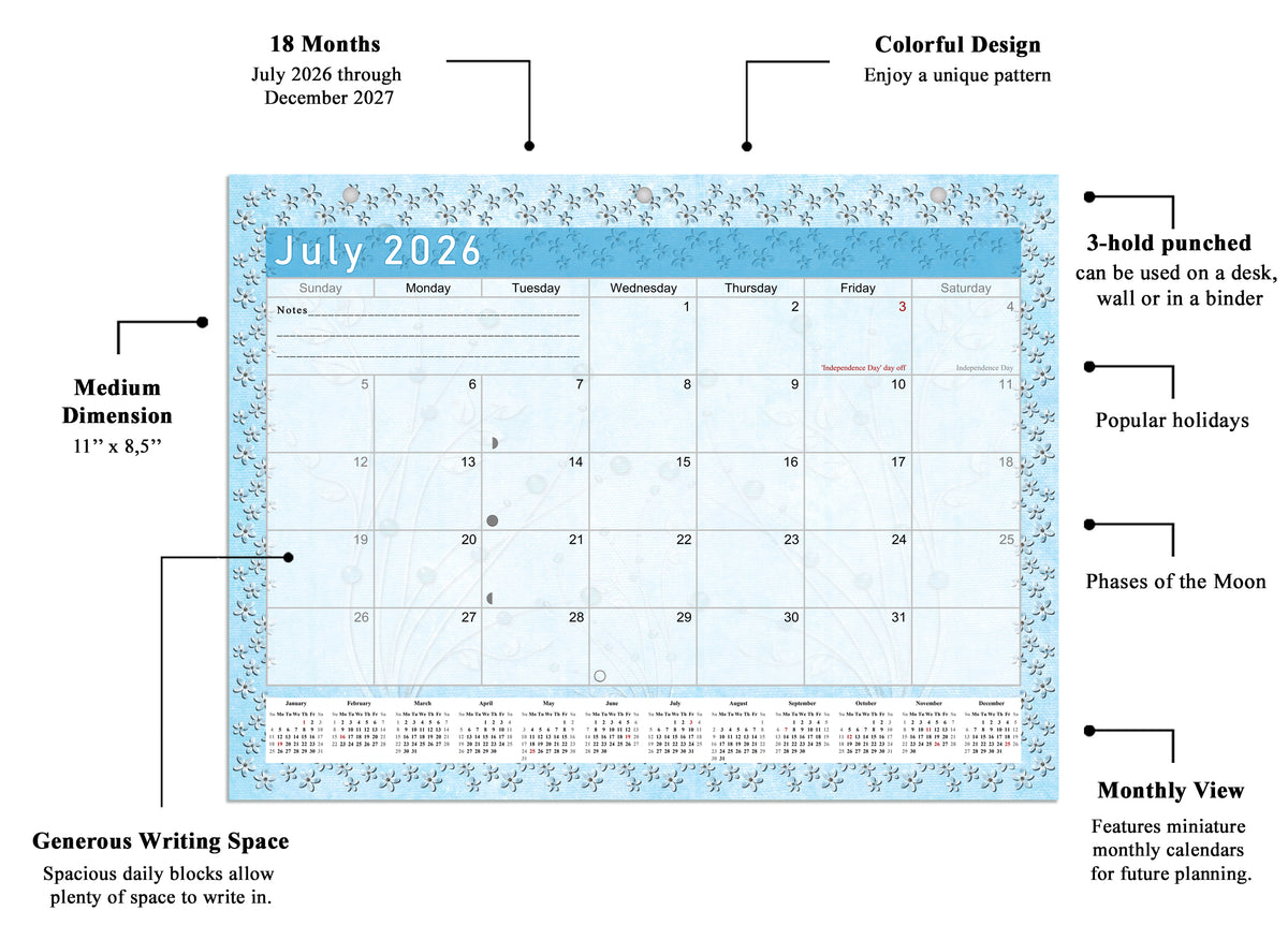 2026 - 2027 Student Calendar/Planner for 3-Ring Binder, Desk, or Wall - v018