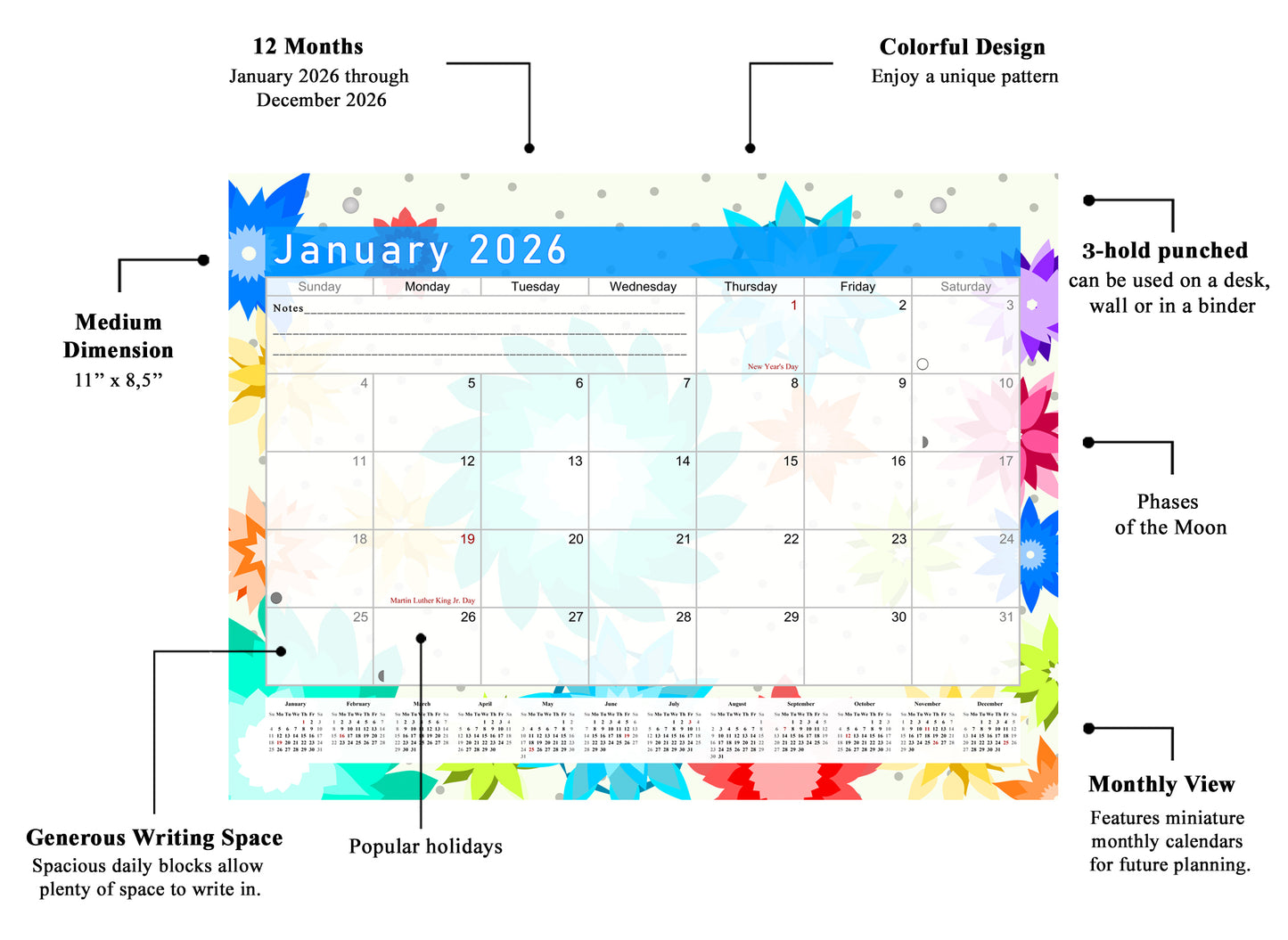 2025 - 2026 Student Calendar/Planner for 3-Ring Binder, Desk, or Wall - v001
