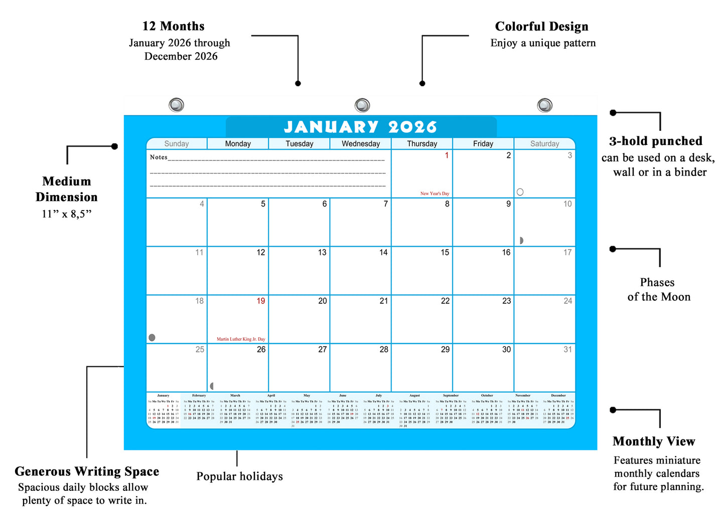 2025 - 2026 Student Calendar/Planner for 3-Ring Binder, Desk, or Wall - v007