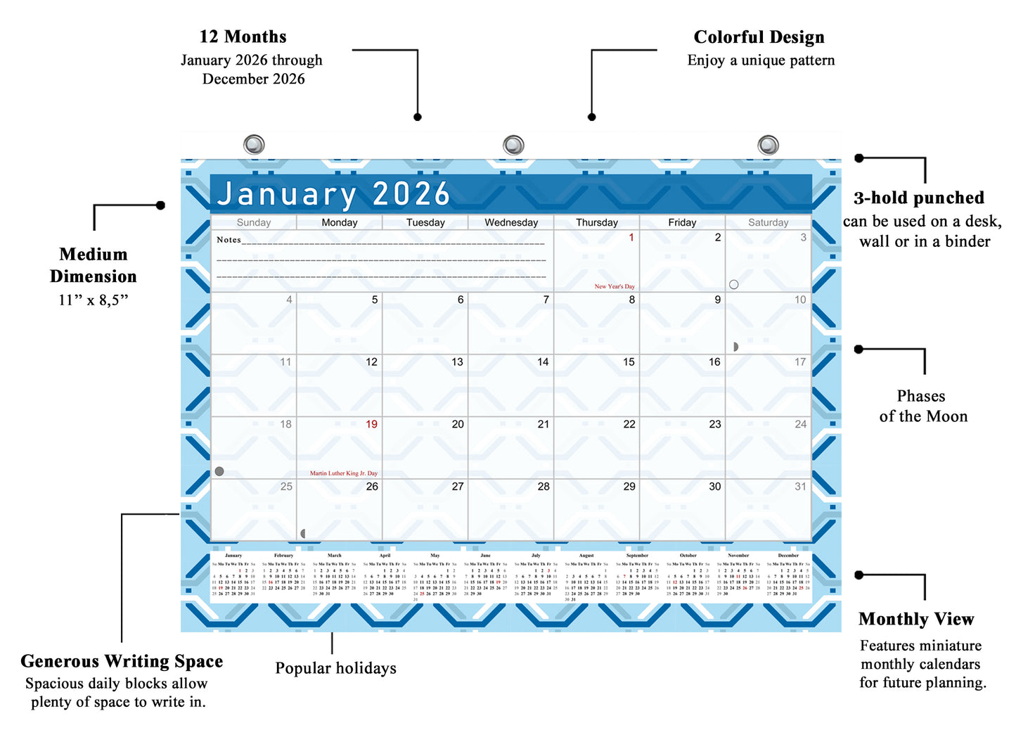 2025 - 2026 Student Calendar/Planner for 3-Ring Binder, Desk, or Wall - v004