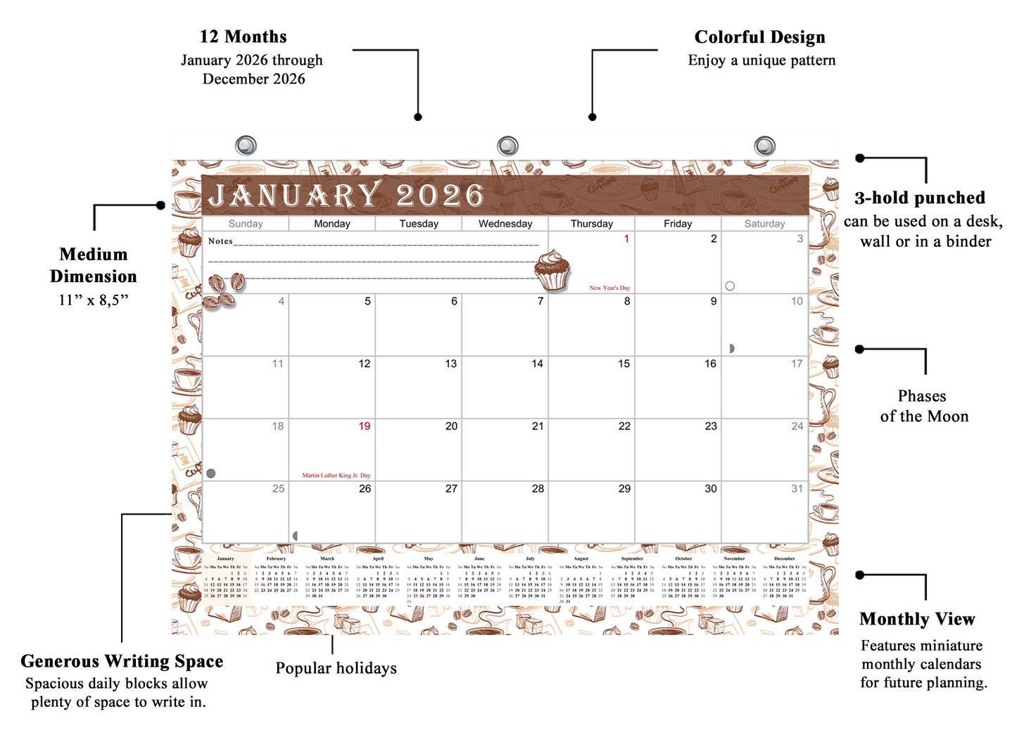2025 - 2026 Student Calendar/Planner for 3-Ring Binder, Desk, or Wall - v030