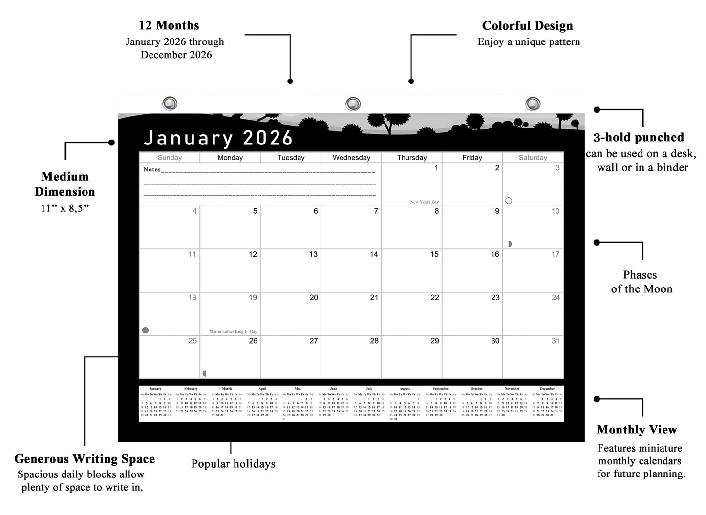 2025 - 2026 Student Calendar/Planner for 3-Ring Binder, Desk, or Wall - v015