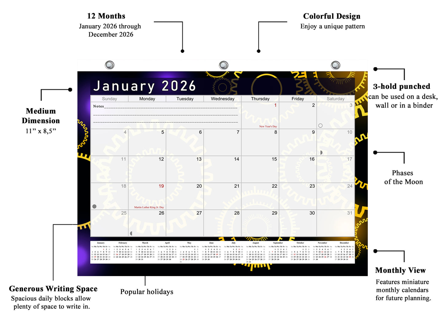 2025 - 2026 Student Calendar/Planner for 3-Ring Binder, Desk, or Wall - v009