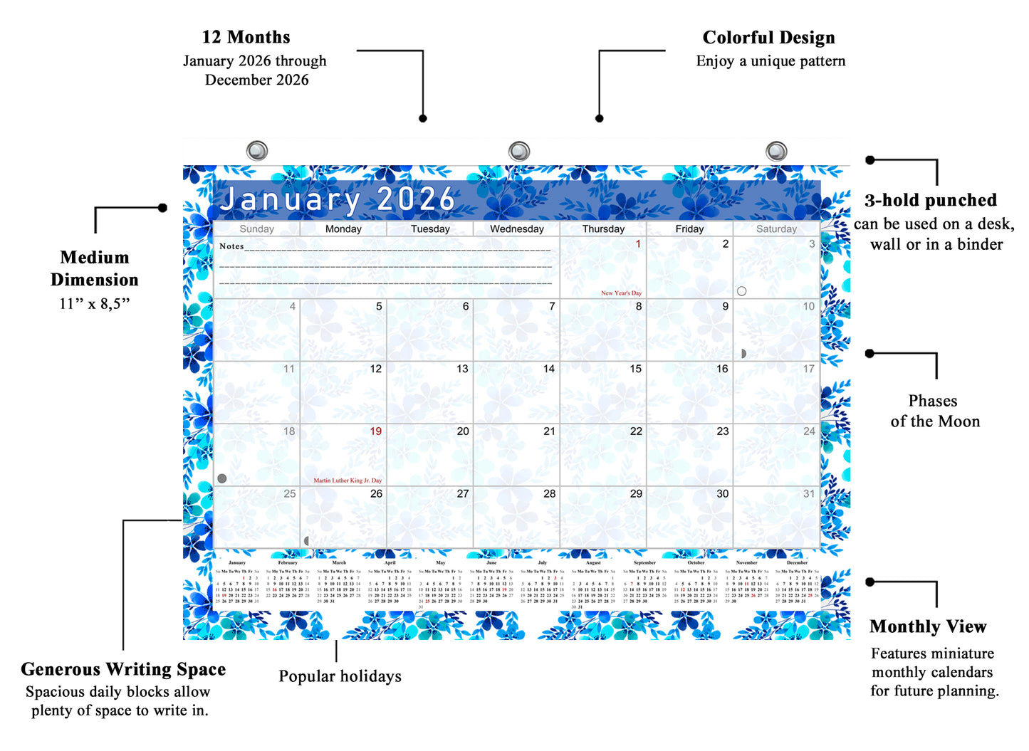 2025 - 2026 Student Calendar/Planner for 3-Ring Binder, Desk, or Wall - v022