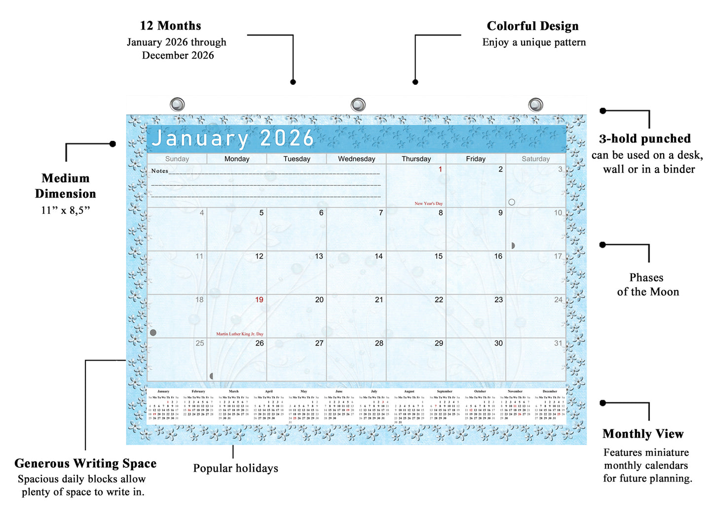 2025 - 2026 Student Calendar/Planner for 3-Ring Binder, Desk, or Wall - v018