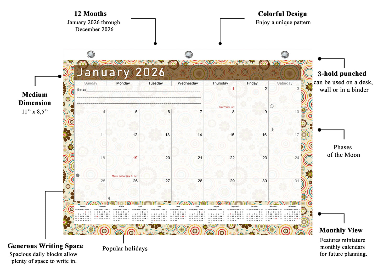 2025 - 2026 Student Calendar/Planner for 3-Ring Binder, Desk, or Wall - v020