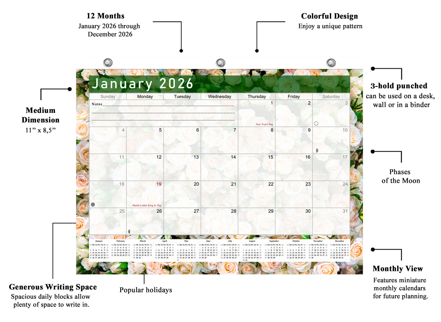 2025 - 2026 Student Calendar/Planner for 3-Ring Binder, Desk, or Wall - v023