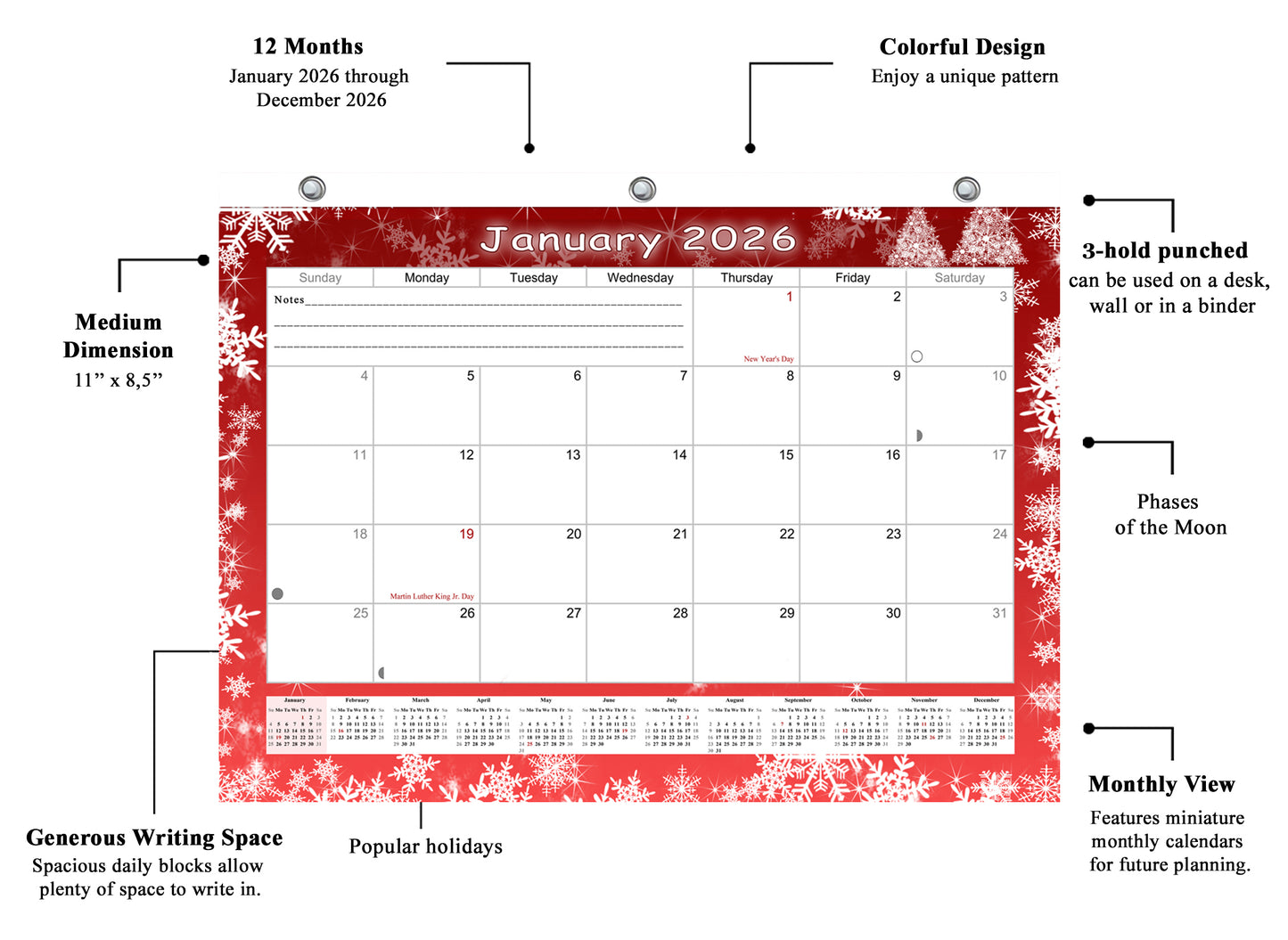 2025 - 2026 Student Calendar/Planner for 3-Ring Binder, Desk, or Wall - v029
