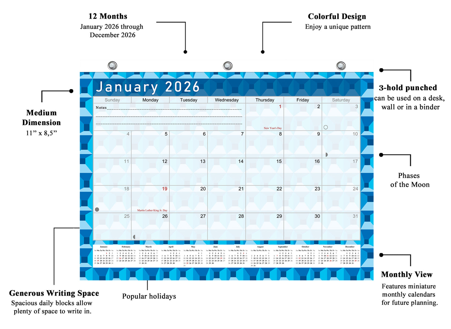 2025 - 2026 Student Calendar/Planner for 3-Ring Binder, Desk, or Wall - v003