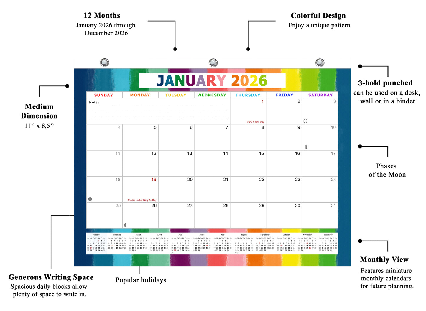 2025 - 2026 Student Calendar/Planner for 3-Ring Binder, Desk, or Wall - v027
