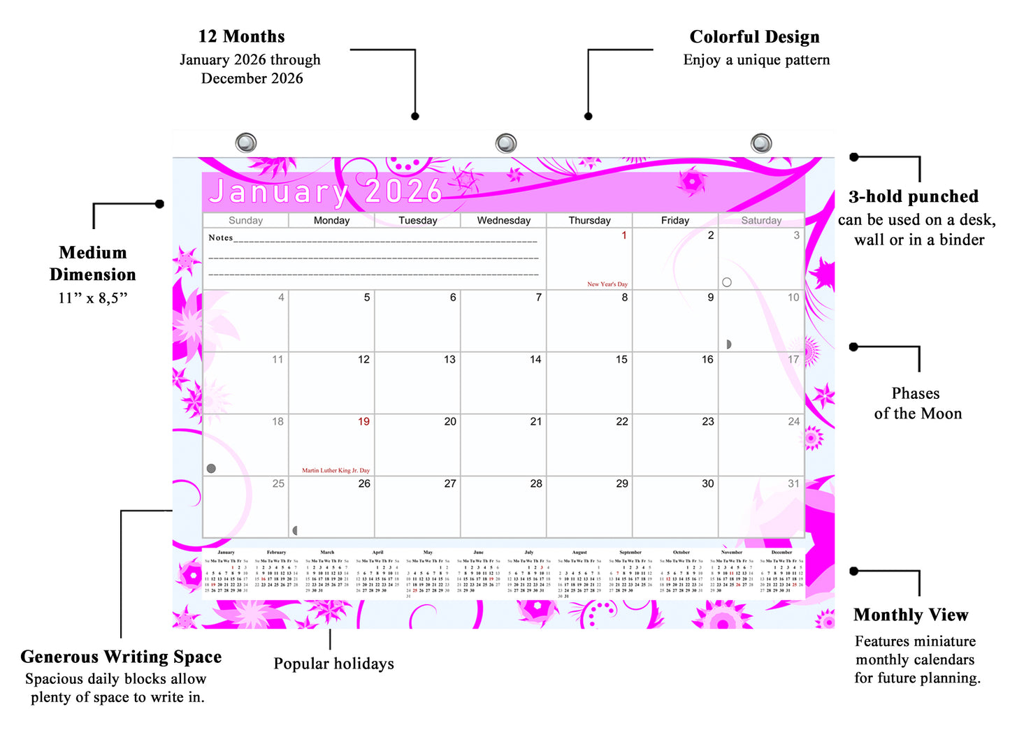 2025 - 2026 Student Calendar/Planner for 3-Ring Binder, Desk, or Wall - v010
