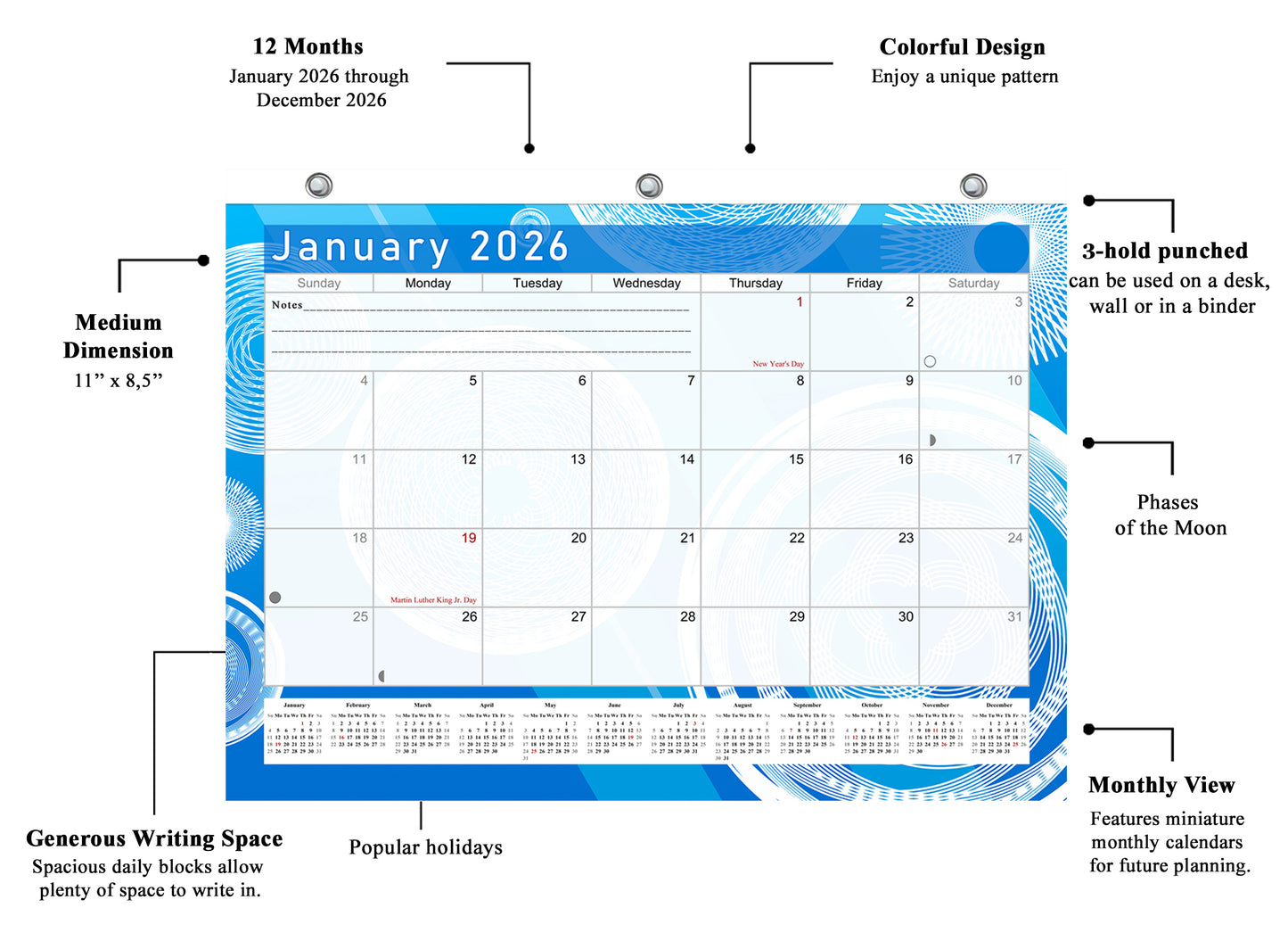 2025 - 2026 Student Calendar/Planner for 3-Ring Binder, Desk, or Wall - v002