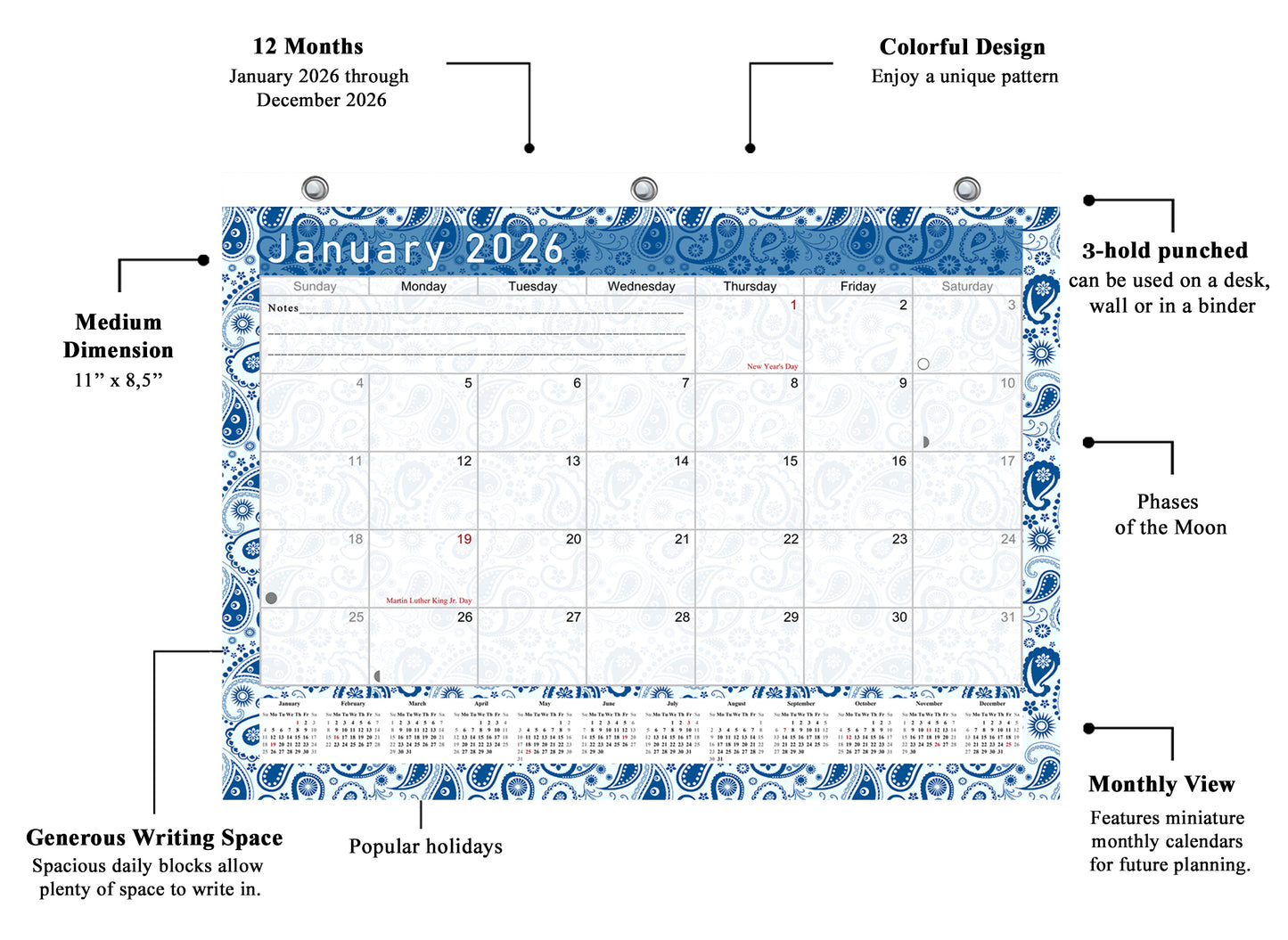 2025 - 2026 Student Calendar/Planner for 3-Ring Binder, Desk, or Wall - v021