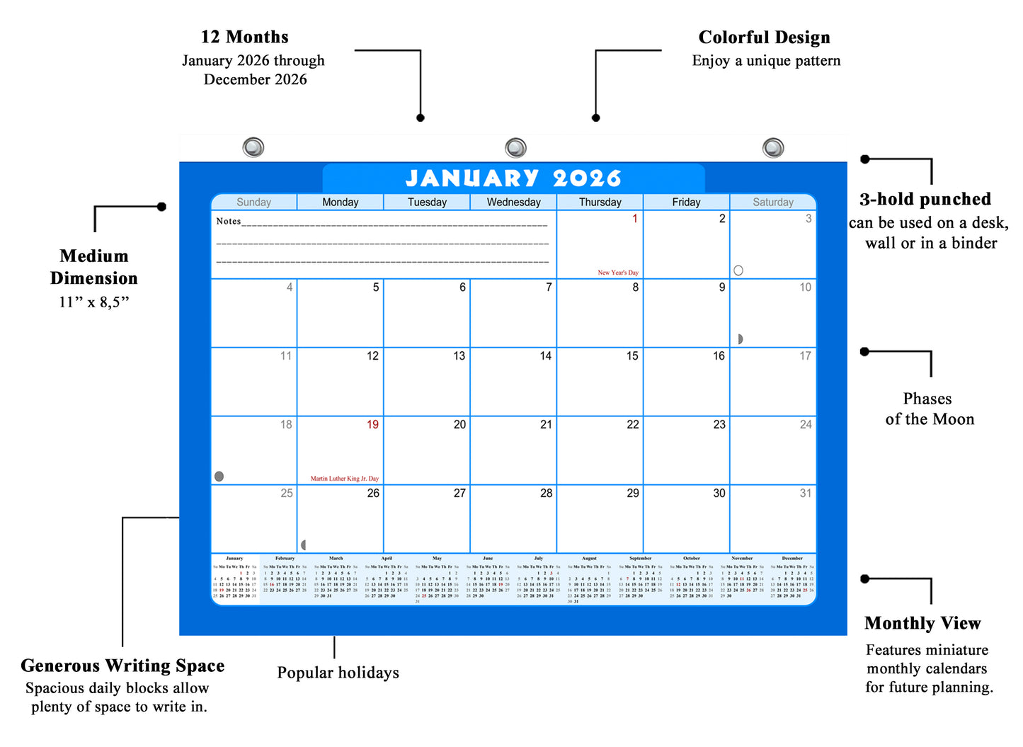 2025 - 2026 Student Calendar/Planner for 3-Ring Binder, Desk, or Wall - v006