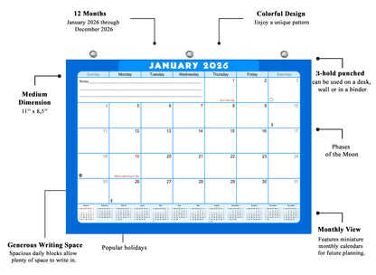 2025 - 2026 Student Calendar/Planner for 3-Ring Binder, Desk, or Wall - v006