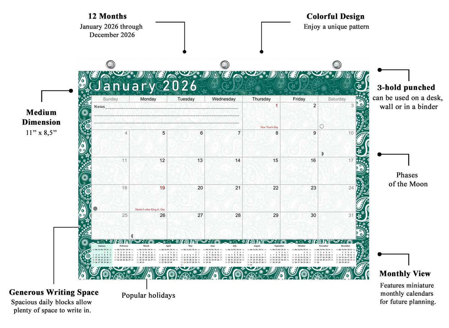 2025 - 2026 Student Calendar/Planner for 3-Ring Binder, Desk, or Wall - v024