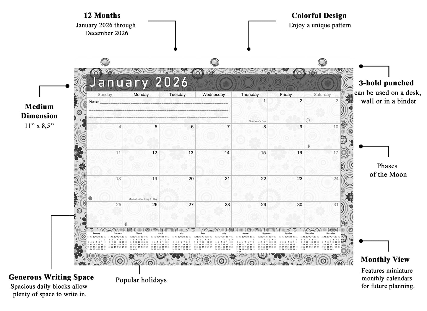 2025 - 2026 Student Calendar/Planner for 3-Ring Binder, Desk, or Wall - B&W v020