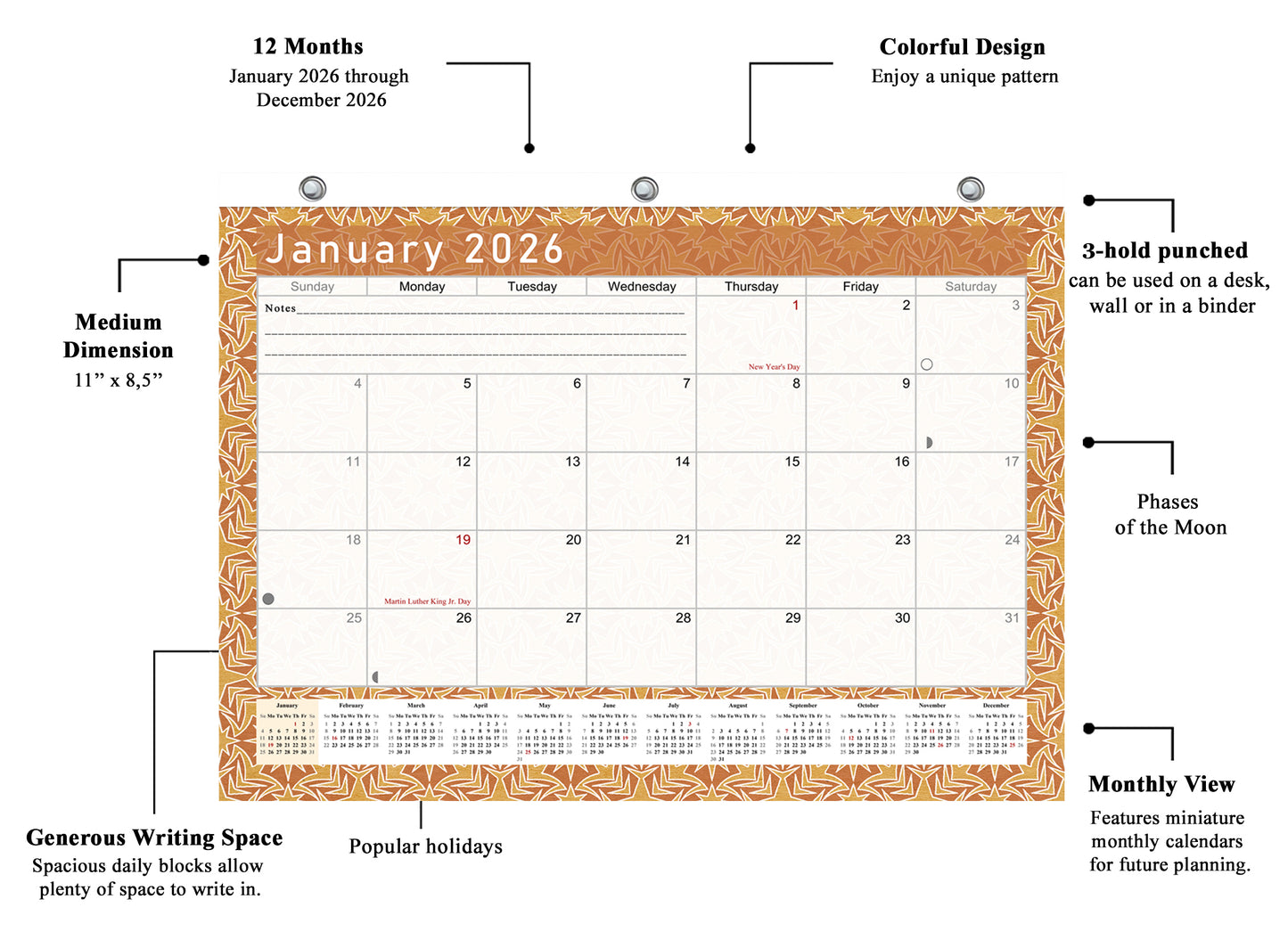 2025 - 2026 Student Calendar/Planner for 3-Ring Binder, Desk, or Wall - v025