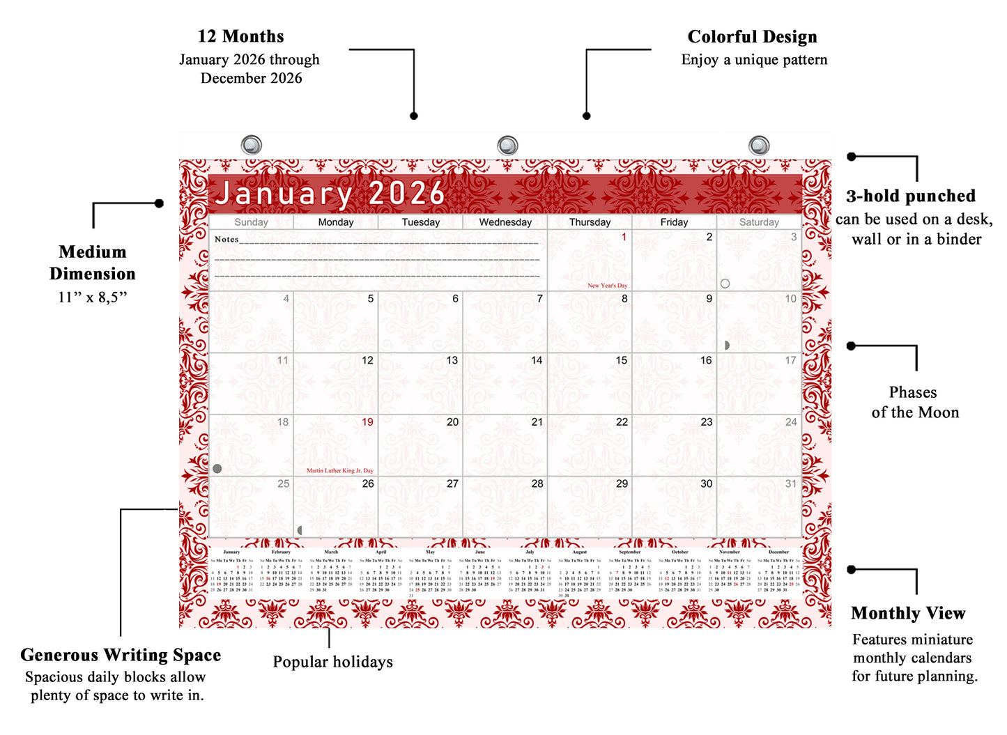 2025 - 2026 Student Calendar/Planner for 3-Ring Binder, Desk, or Wall - v005