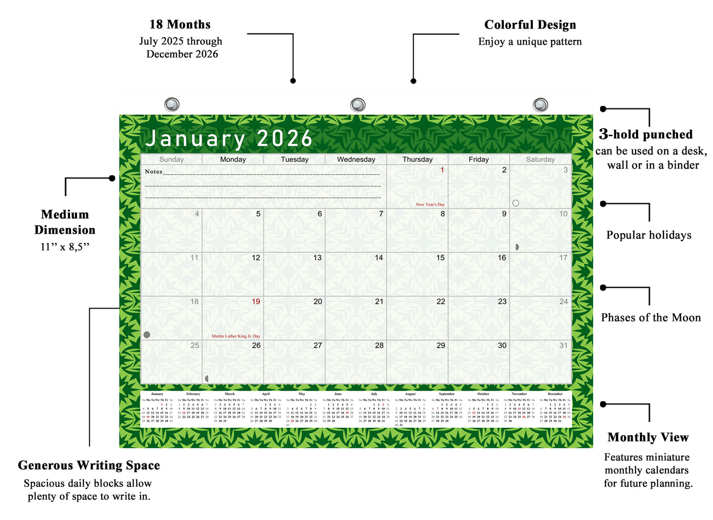 2025 - 2026 Student Calendar/Planner for 3-Ring Binder, Desk, or Wall - v016