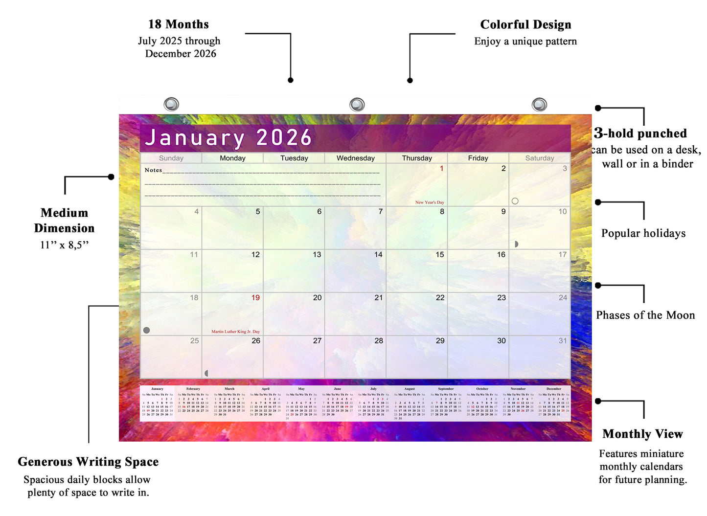 2025 - 2026 Student Calendar/Planner for 3-Ring Binder, Desk, or Wall - v026