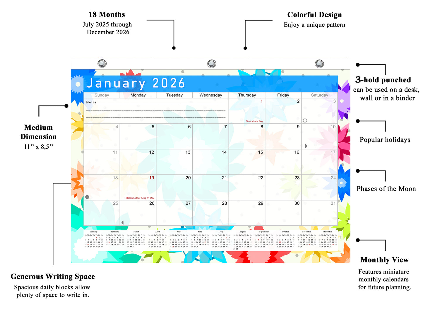 2025 - 2026 Student Calendar/Planner for 3-Ring Binder, Desk, or Wall - v001