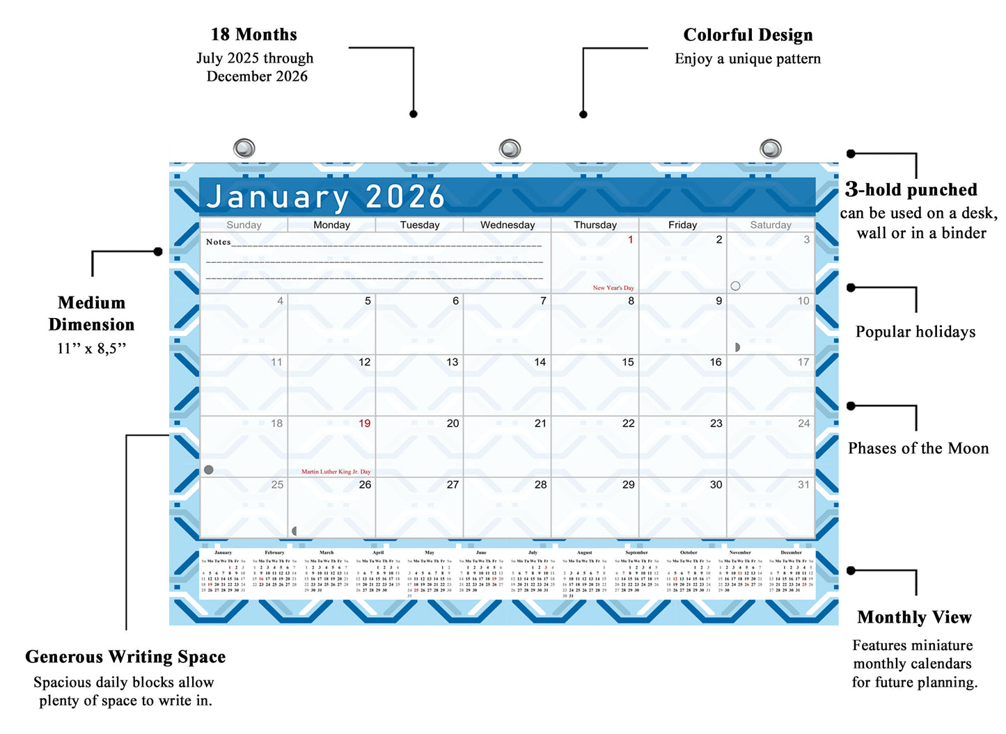 2025 - 2026 Student Calendar/Planner for 3-Ring Binder, Desk, or Wall - v004