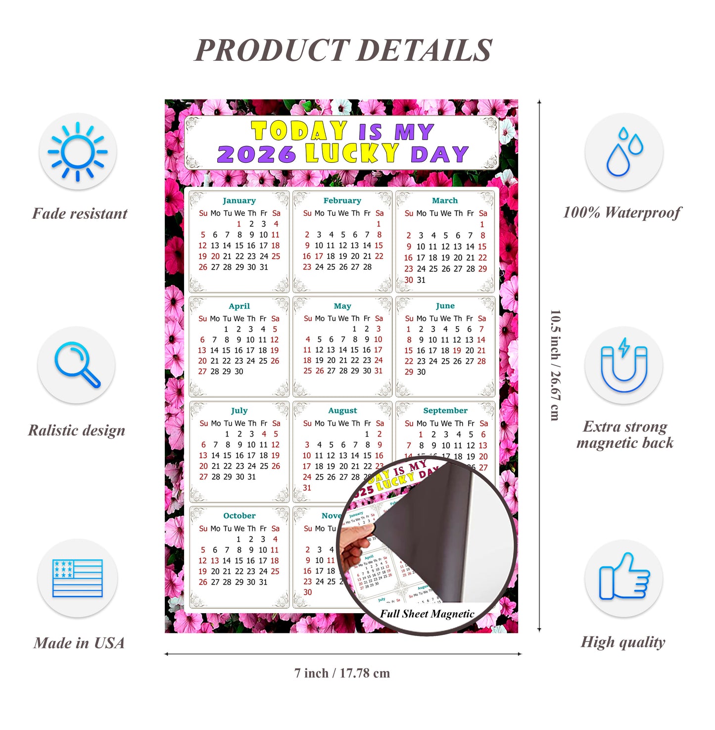 2026 Magnetic Calendar - Calendar Magnets - Today is my Lucky Day - (Fade, Tear, and Water Resistant) - Themed 027
