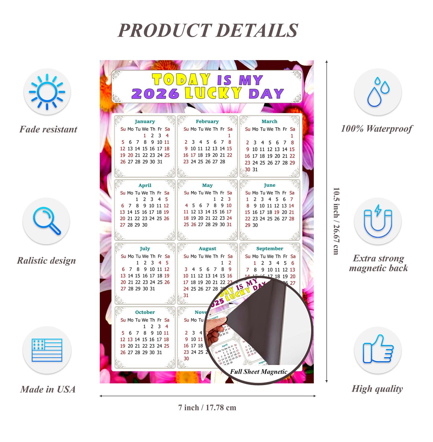 2026 Magnetic Calendar - Calendar Magnets - Today is my Lucky Day - (Fade, Tear, and Water Resistant) - Themed 032
