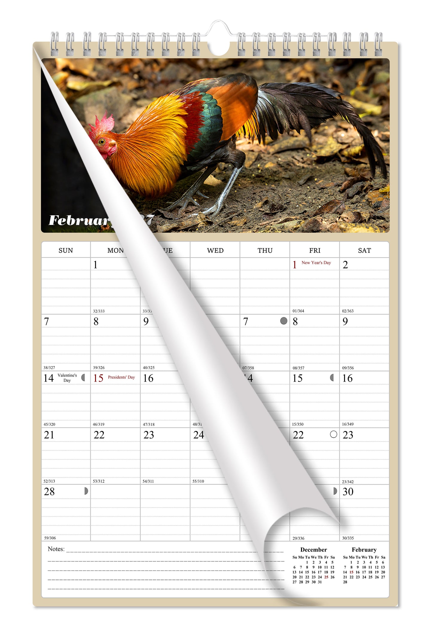 2027 Wall Calendar Spiral-bound Twin-Wire Binding - 12 Months Planner - Large Ruled Blocks with Julian Dates - (Roosters)