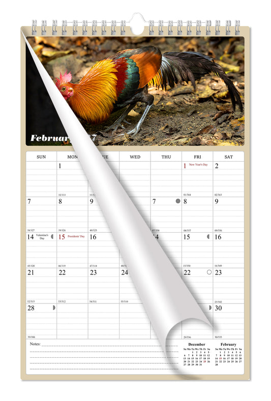 2027 Wall Calendar Spiral-bound Twin-Wire Binding - 12 Months Planner - Large Ruled Blocks with Julian Dates - (Roosters)