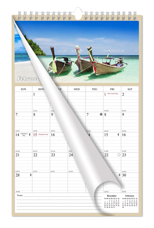 2027 Wall Calendar Spiral-bound Twin-Wire Binding - 12 Months Planner - Large Ruled Blocks with Julian Dates - (Beaches)