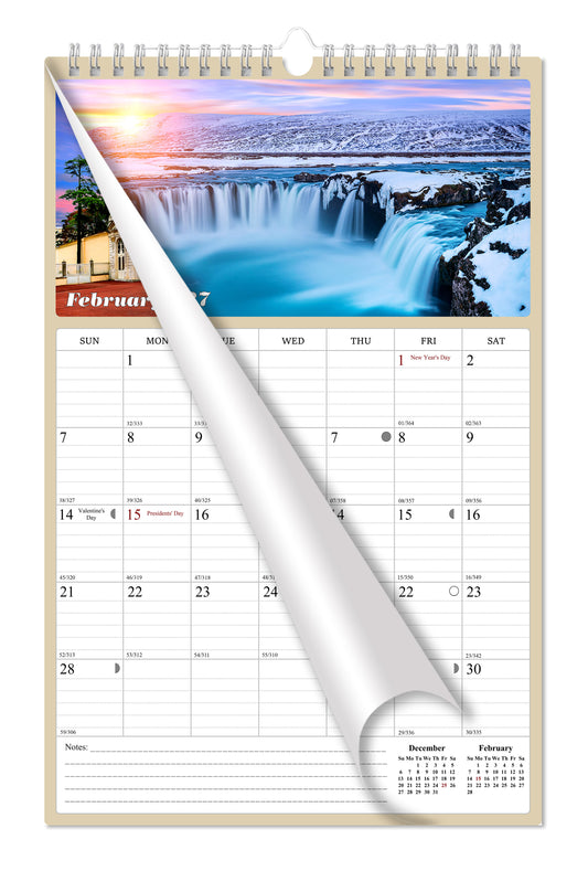 2027 Wall Calendar Spiral-bound Twin-Wire Binding - 12 Months Planner - Large Ruled Blocks with Julian Dates - (Sunset&Sunrise)