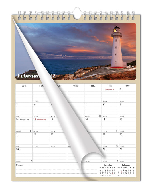 2027 Wall Calendar Spiral-bound Twin-Wire Binding - 12 Months Planner - Large Ruled Blocks with Julian Dates - (Lighthouses)