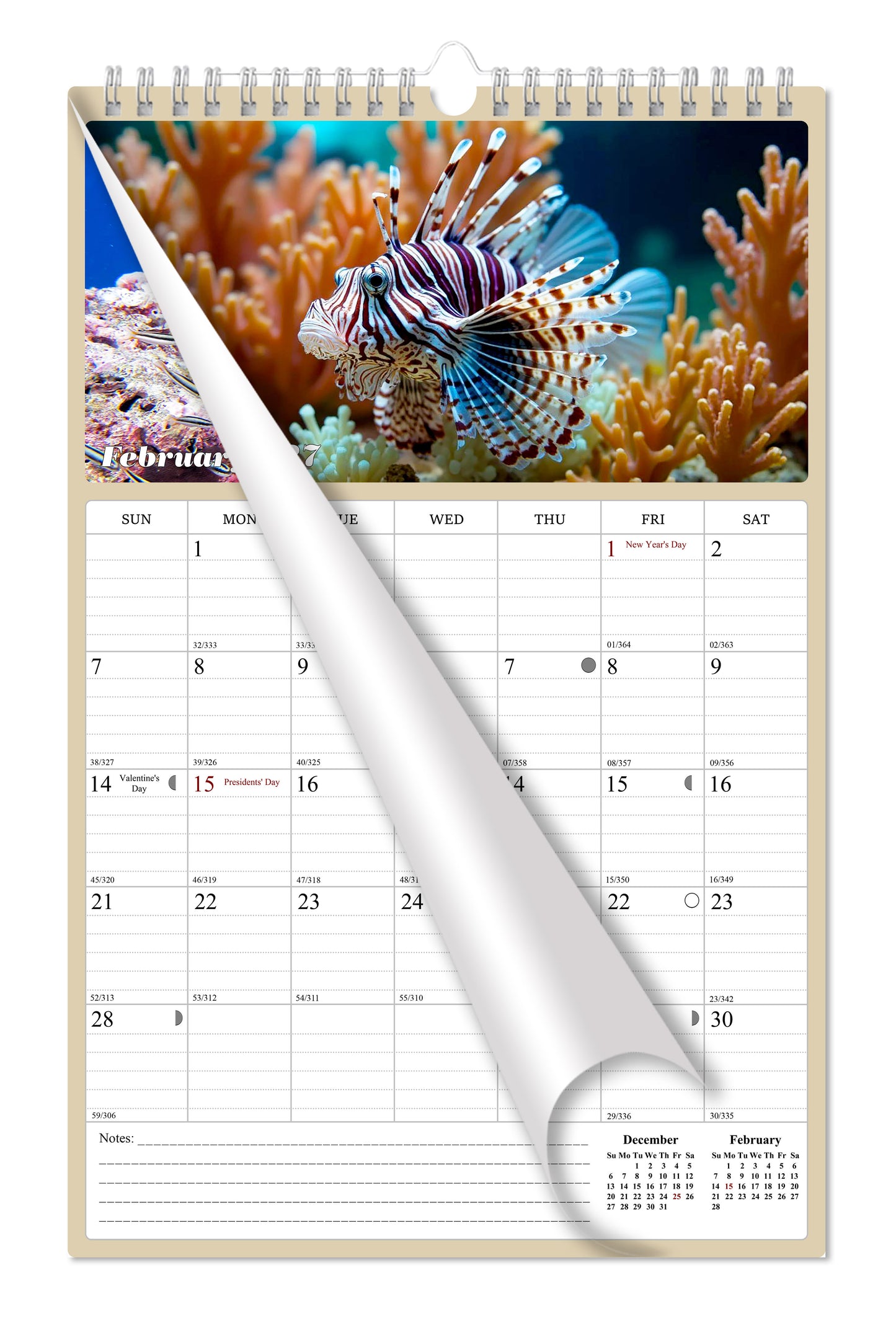 2027 Wall Calendar Spiral-bound Twin-Wire Binding - 12 Months Planner - Large Ruled Blocks with Julian Dates - (Tropical Fishes)
