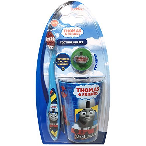 Brush Buddies Children's Soft Bristle Toothbrush Set Including Toothbrush, Rinsing Cup, and 3D Toothbrush Cap (Thomas & Friends)