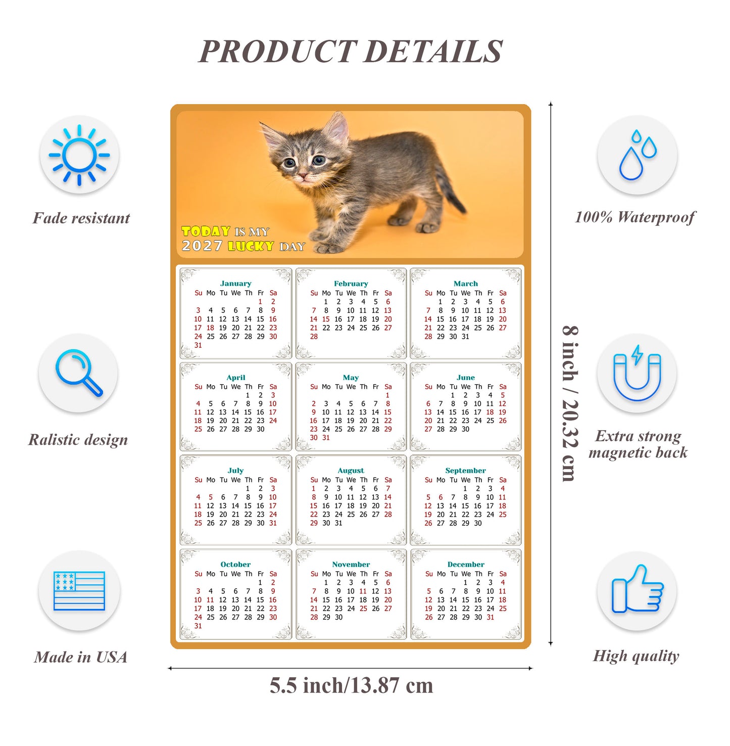2027 Magnetic Calendar - Today is My Lucky Day (Fade, Tear, and Water Resistant)- Cat Themed 018