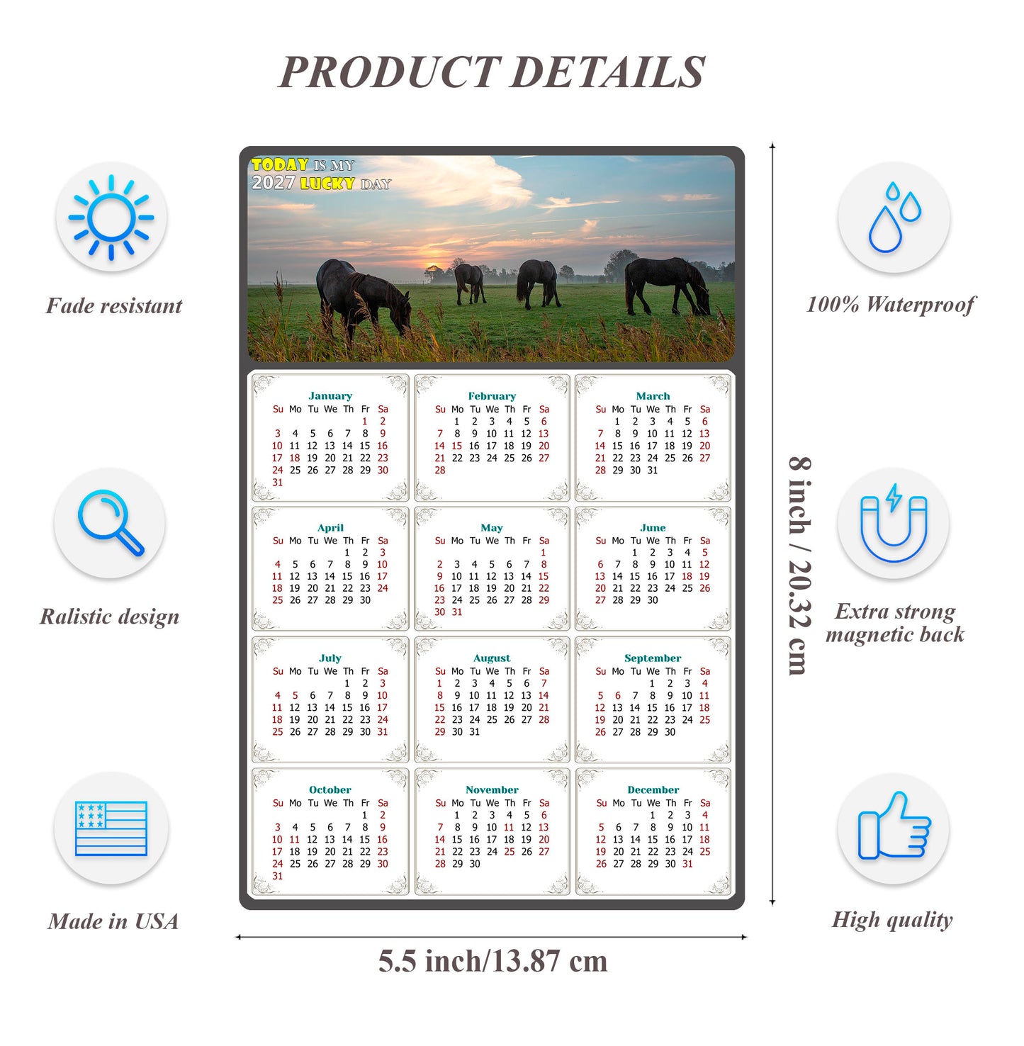 2027 Magnetic Calendar - Calendar Magnets - Today is my Lucky Day - (Fade, Tear, and Water Resistant) - Horses Themed 04