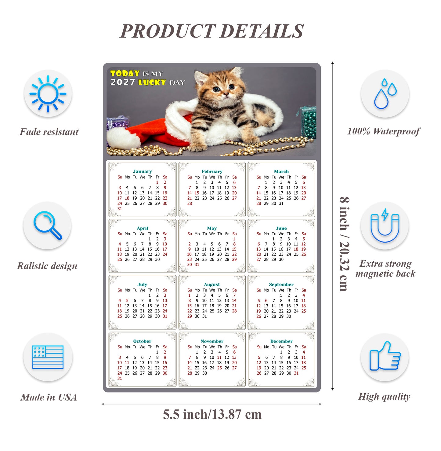 2027 Magnetic Calendar - Today is My Lucky Day (Fade, Tear, and Water Resistant)- Cat Themed 023