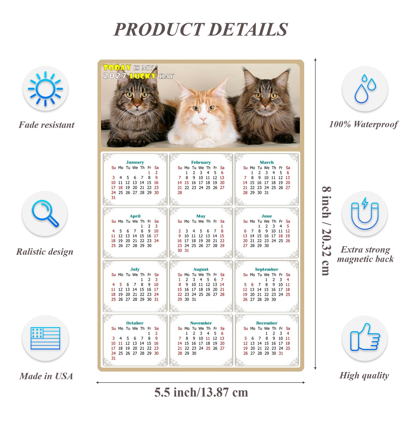 2027 Magnetic Calendar - Today is My Lucky Day (Fade, Tear, and Water Resistant)- Cat Themed 015