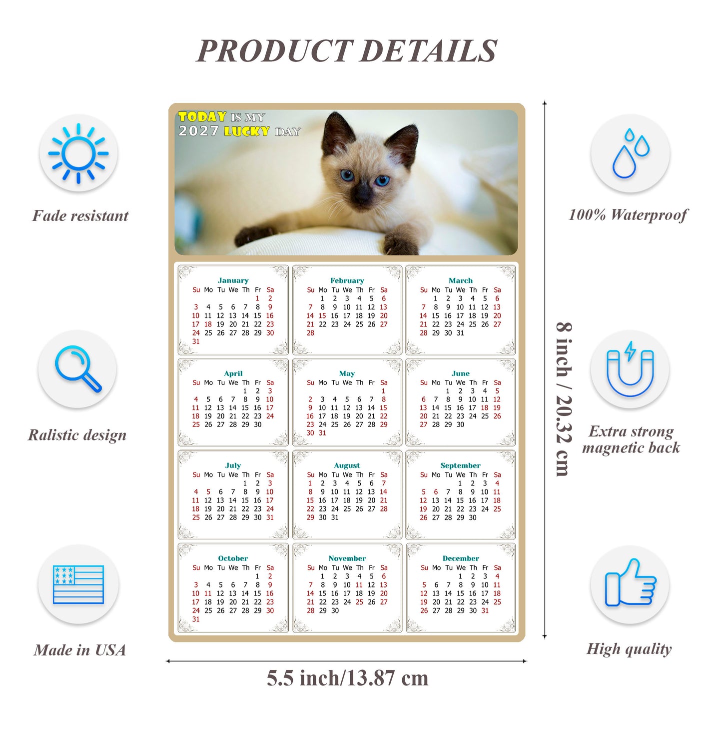 2027 Magnetic Calendar - Today is My Lucky Day (Fade, Tear, and Water Resistant)- Cat Themed 013