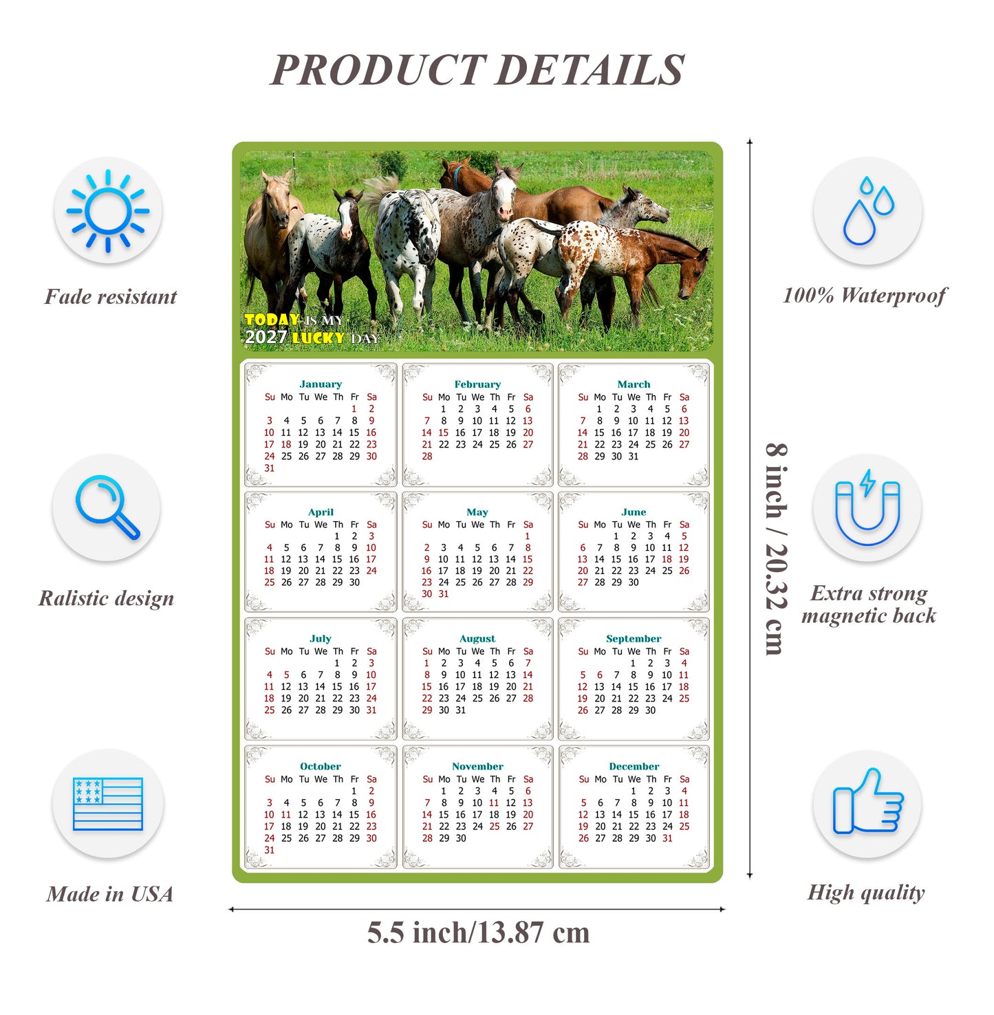 2027 Magnetic Calendar - Calendar Magnets - Today is my Lucky Day - (Fade, Tear, and Water Resistant) - Horses Themed 02
