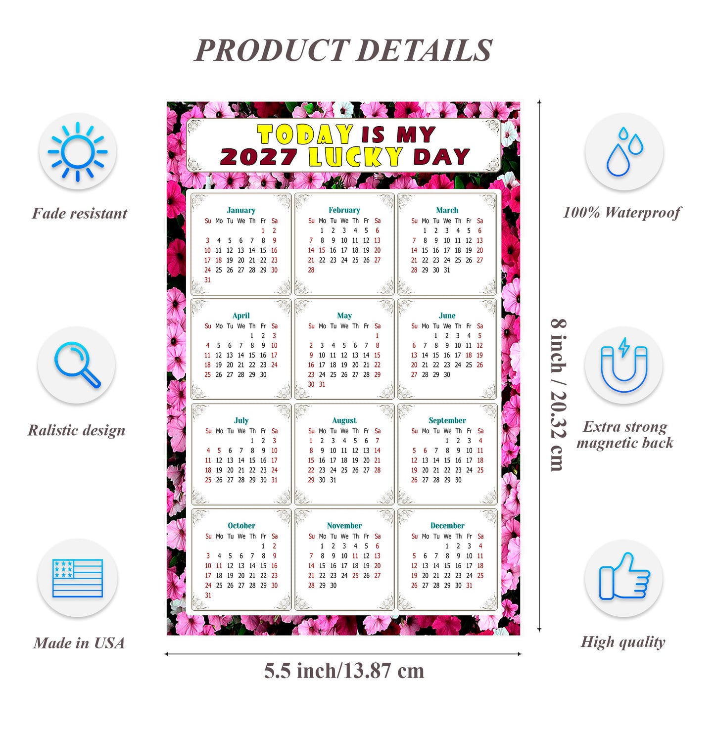 2027 Magnetic Calendar - Calendar Magnets - Today is my Lucky Day - (Fade, Tear, and Water Resistant) - Themed 027