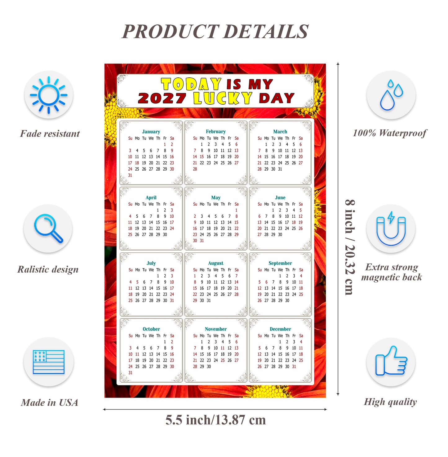 2027 Magnetic Calendar - Calendar Magnets - Today is my Lucky Day - (Fade, Tear, and Water Resistant) - Themed 031