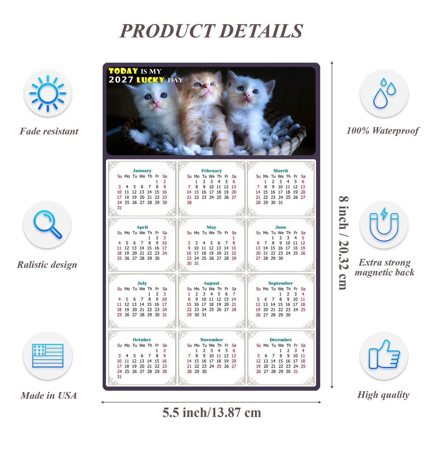 2027 Magnetic Calendar - Today is My Lucky Day (Fade, Tear, and Water Resistant)- Cat Themed 011