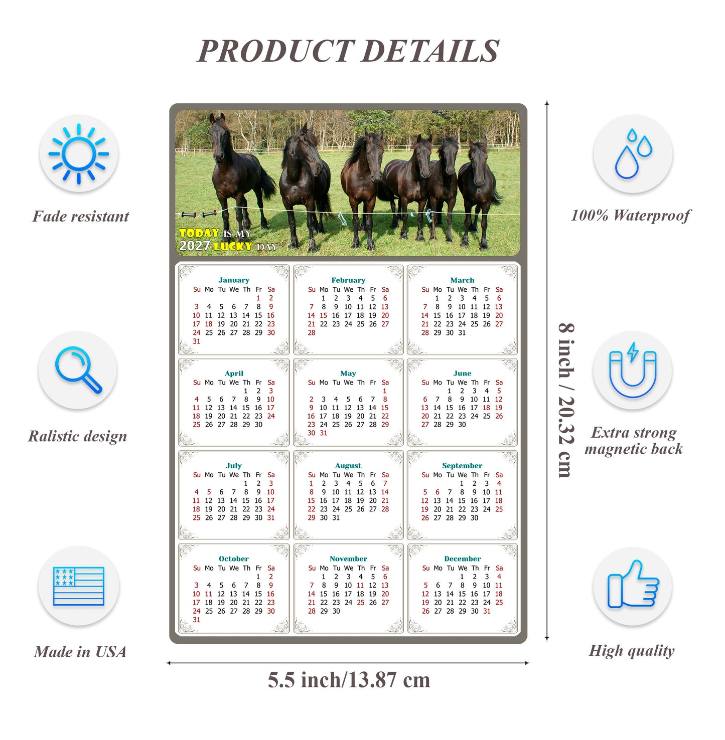 2027 Magnetic Calendar - Calendar Magnets - Today is my Lucky Day - (Fade, Tear, and Water Resistant) - Horses Themed 06