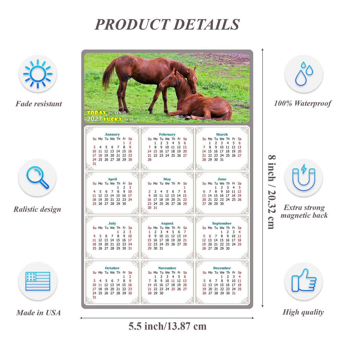 2027 Magnetic Calendar - Calendar Magnets - Today is my Lucky Day - (Fade, Tear, and Water Resistant) - Horses Themed 019
