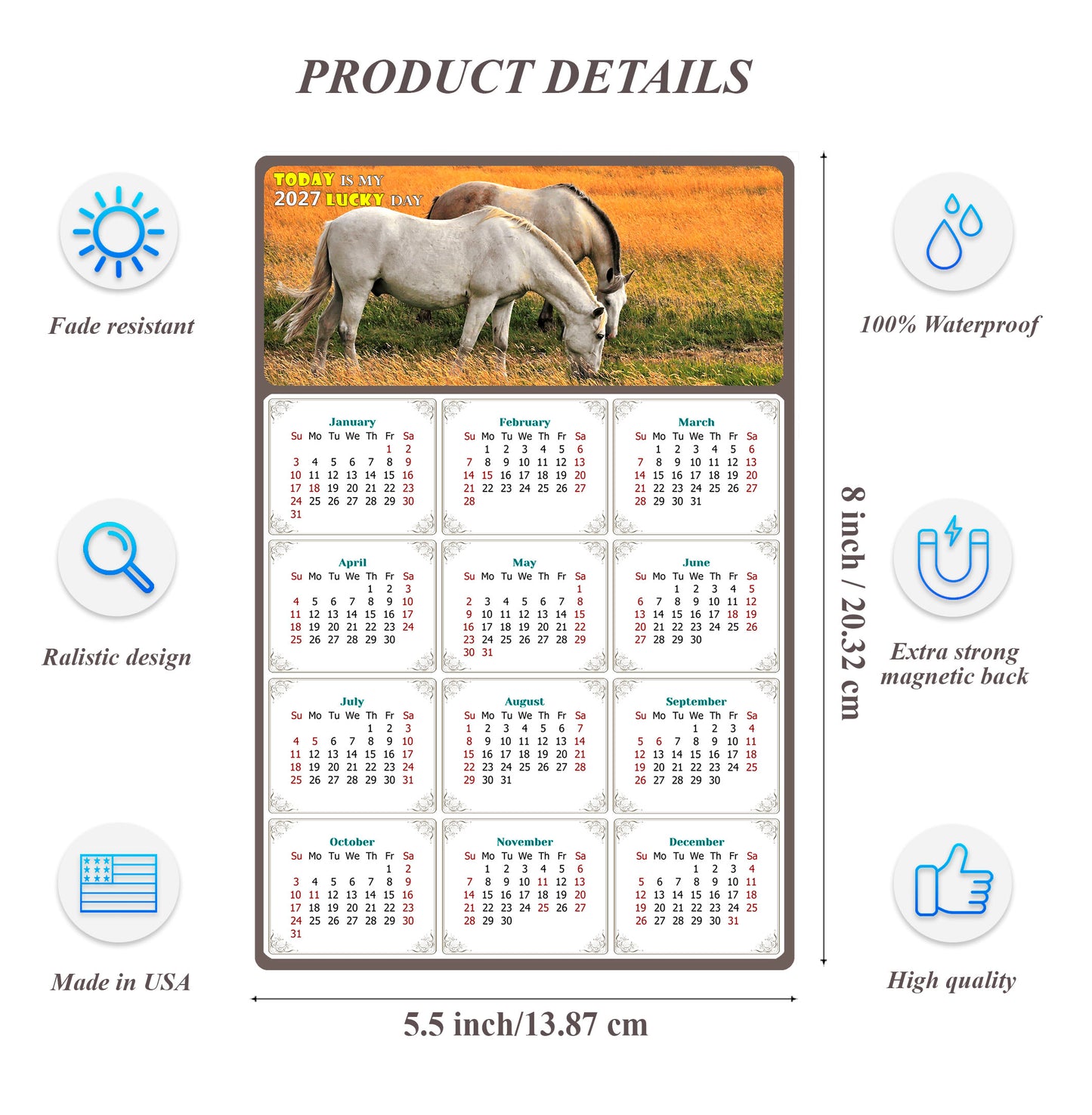2027 Magnetic Calendar - Calendar Magnets - Today is my Lucky Day - (Fade, Tear, and Water Resistant) - Horses Themed 013