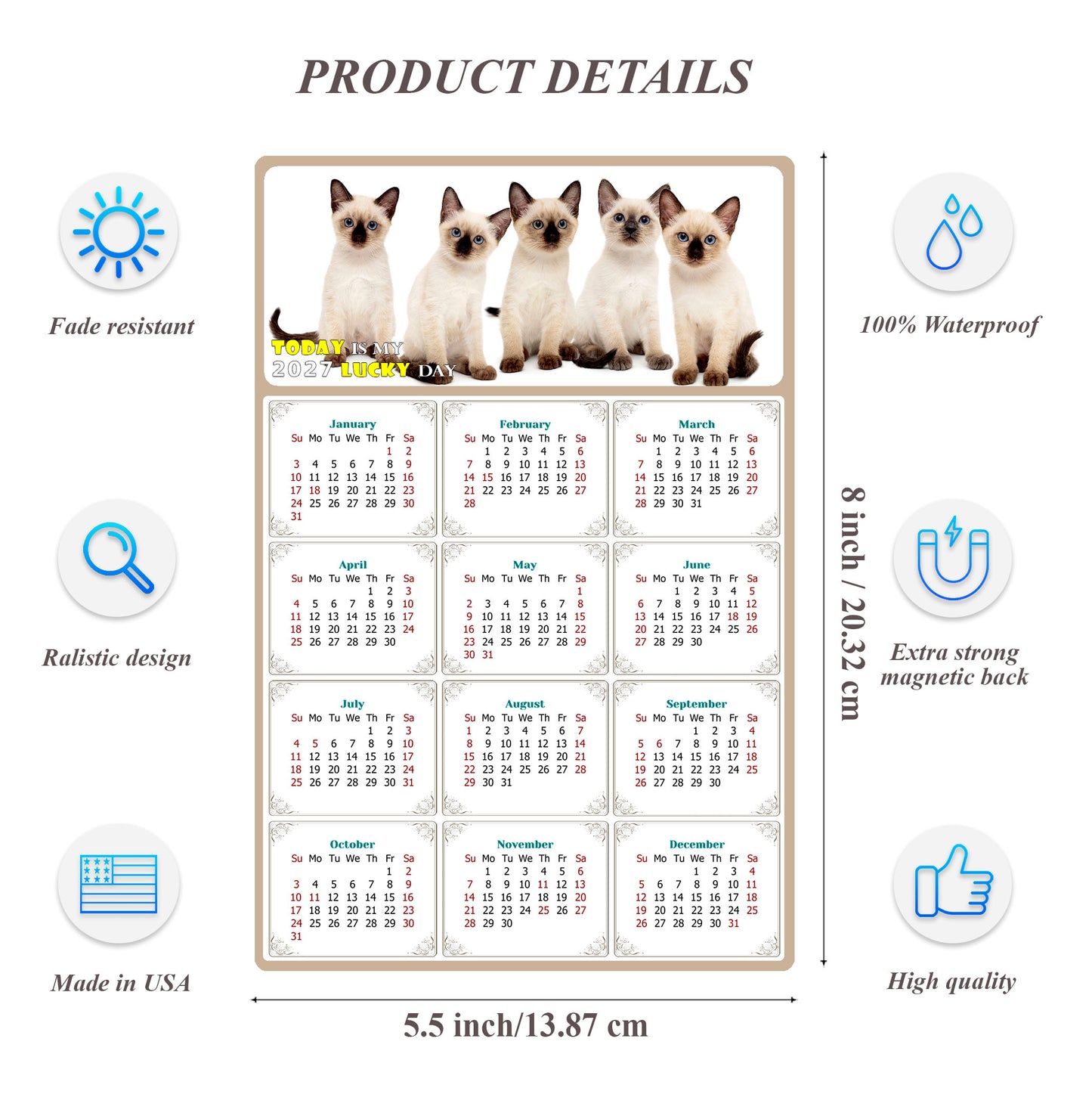 2027 Magnetic Calendar - Today is My Lucky Day (Fade, Tear, and Water Resistant)- Cat Themed 020